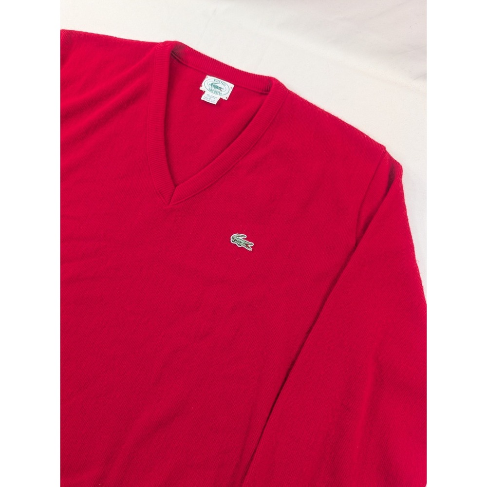 Vintage IZOD Lacoste Sweater Men's L Red Grandpa V Neck Cotton Made in USA 80s